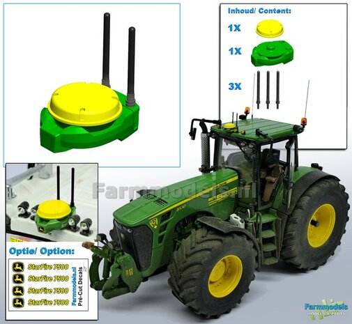 John Deere STARFIRE 7000/ 7500 GPS ontvanger, Resin, in JD GEEL &amp; GROEN Gespoten geleverd, incl. 2 antennes (+1reserve) 1:32 