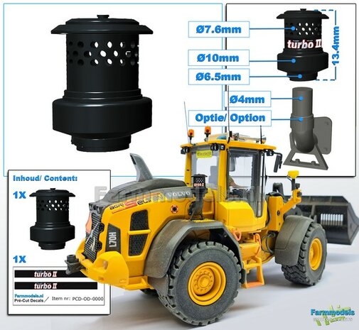 1x TURBO II Precleaner Luchtfilter afm.  &Oslash;7.6mm-&Oslash;10mm Resin, ZWART GLANS Gespoten Inclusief TURBO II Pr&eacute;-Cut Decal sticker 1:32 
