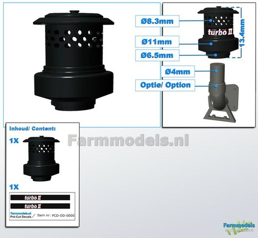 1x TURBO II Precleaner Luchtfilter GROOT afm.  &Oslash;8.3mm-&Oslash;11mm Inclusief TURBO II Pr&eacute;-Cut Decal sticker 1:32 