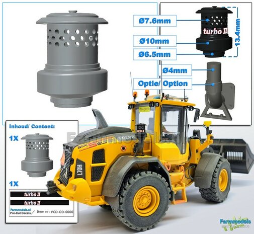 1x TURBO II Precleaner Luchtfilter afm.  &Oslash;7.6mm-&Oslash;10mm RESIN, BLANK Geleverd Inclusief TURBO II Pr&eacute;-Cut Decal sticker 1:32 