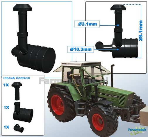 Luchtfilter Pot (Fendt 615 WeiseToys)  &Oslash; 10. mm x 15 mm + Pijp met Dakje + los bochtstuk &Oslash; 3.5 mm  ZWART Gespoten 1:32