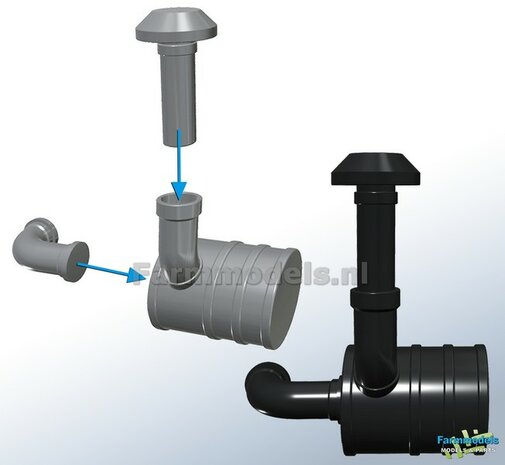 Luchtfilter Pot (Fendt 615 WeiseToys)  &Oslash; 10. mm x 15 mm + Pijp met Dakje + los bochtstuk &Oslash; 3.5 mm  ZWART Gespoten 1:32