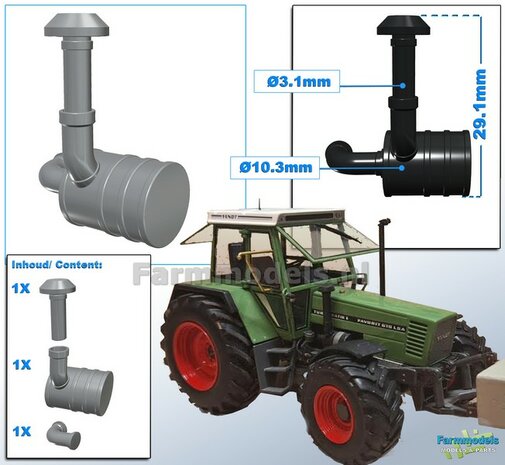 Luchtfilter Pot (Fendt 615 WeiseToys)  &Oslash; 10. mm x 15 mm + Pijp met Dakje + los bochtstuk &Oslash; 3.5 mm  RESIN, BLANK Geleverd 1:32