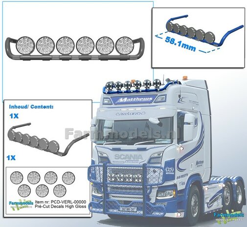 Lampenbeugel Scania met 6 lampen RESIN, BLANK geleverd incl. 7x Verstraler Pr&eacute;-Cut Decals met HIGH GLOSS effect  1:32                                      