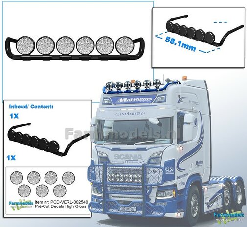 Lampenbeugel Scania met 6 lampen Resin ZWART GLANS Gespoten geleverd incl. 7x Verstraler Pr&eacute;-Cut Decals met HIGH GLOSS effect  1:32                                      