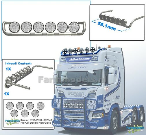 Lampenbeugel Scania met 6 lampen Resin CHROOM Gespoten geleverd incl. 7x Verstraler Pr&eacute;-Cut Decals met HIGH GLOSS effect  1:32                                      