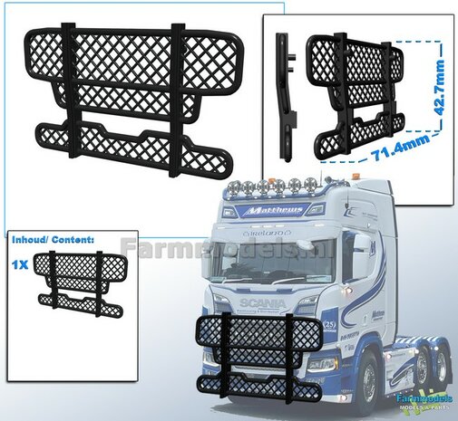 BULL BAR  afm. 71.4 x 42.7mm  ZONDER LAMPEN  Resin ZWART GLANS Gespoten geleverd   Scania/ Universeel 1:32 