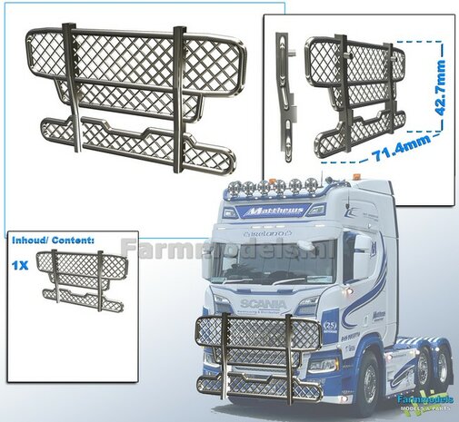 BULL BAR  afm. 71.4 x 42.7mm  ZONDER LAMPEN  Resin CHROOM Gespoten geleverd   Scania/ Universeel 1:32 