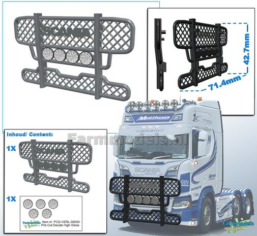 BULL BAR  afm. 71.4 x 42.7mm + 4 VERSTRALERS  RESIN, BLANK  incl. 5x Verstraler Pr&eacute;-Cut Decals met HIGH GLOSS effect 1:32   Scania/ Universeel 1:32 