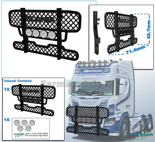 BULL BAR  afm. 71.4 x 42.7mm + 4 VERSTRALERS  Resin ZWART Gespoten incl. 5x Verstraler Pr&eacute;-Cut Decals met HIGH GLOSS effect 1:32   Scania/ Universeel 1:32 