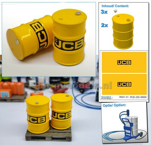 2x JCB OLIEDRUMS + 3x losse doppen OLIEDRUMS Resin INDUSTRIE GEEL gespoten geleverd + JCB Pr&eacute;-Cut Decal stickersets 1:32