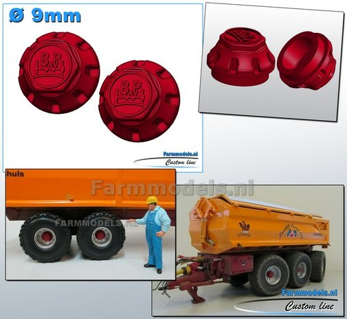 2x BPW NAAFDOP uitvoering MET CENTREER-RING ONDER &Oslash; 9 mm Materiaal Kunststof JAN VEENHUIS ROOD Gespoten geleverd 1:32