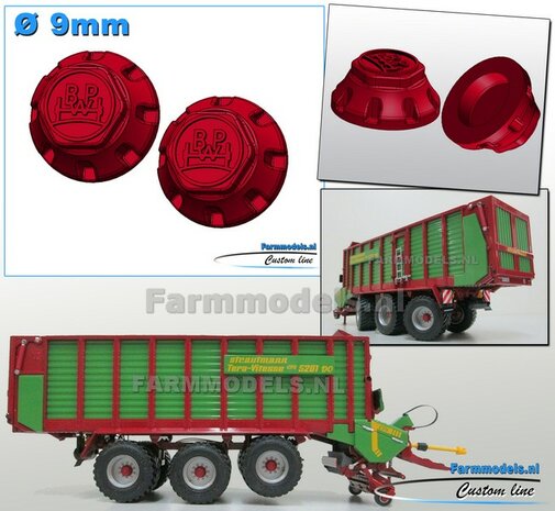 2x BPW NAAFDOP PLATTE uitvoering &Oslash; 9 mm Materiaal Kunststof STRAUTMANN ROOD Gespoten geleverd 1:32