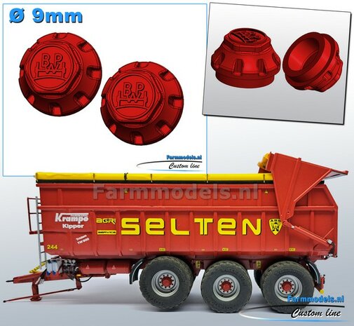 2x BPW NAAFDOP uitvoering MET CENTREER-RING ONDER &Oslash; 9 mm Materiaal Kunststof KRAMPE ROOD Gespoten geleverd 1:32