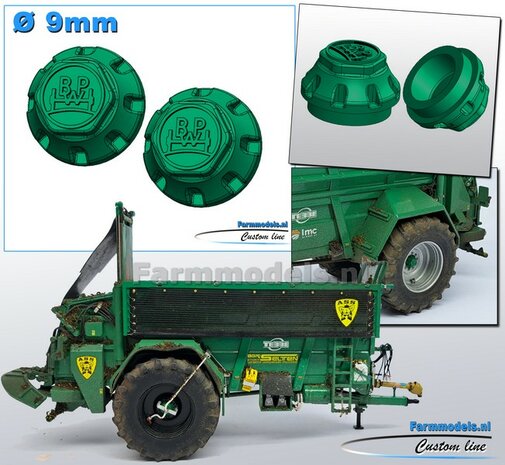 2x BPW NAAFDOP uitvoering MET CENTREER-RING ONDER &Oslash; 9 mm Materiaal Kunststof TEBBE GROEN Gespoten geleverd 1:32