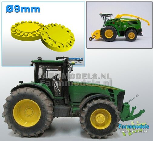 2x Afdekplaat t.b.v. (Achteras-) Velg &Oslash; 9 mm  Materiaal Resin: JOHN DEERE GEEL Gespoten geleverd 1:32