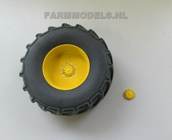 2x Afdekplaat t.b.v. (Achteras-) Velg &Oslash; 9 mm  Materiaal Resin: JOHN DEERE GEEL Gespoten geleverd 1:32