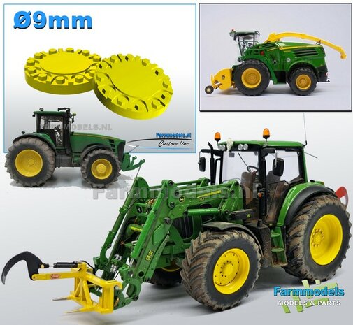 2x Afdekplaat t.b.v. (Achteras-) Velg &Oslash; 9 mm  Materiaal Resin: JOHN DEERE GEEL Gespoten geleverd 1:32