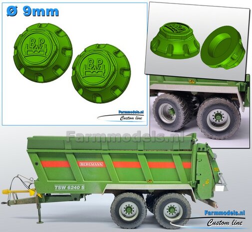2x BPW NAAFDOP PLATTE uitvoering &Oslash; 9 mm Materiaal Kunststof BERGMANN GROEN Gespoten geleverd 1:32