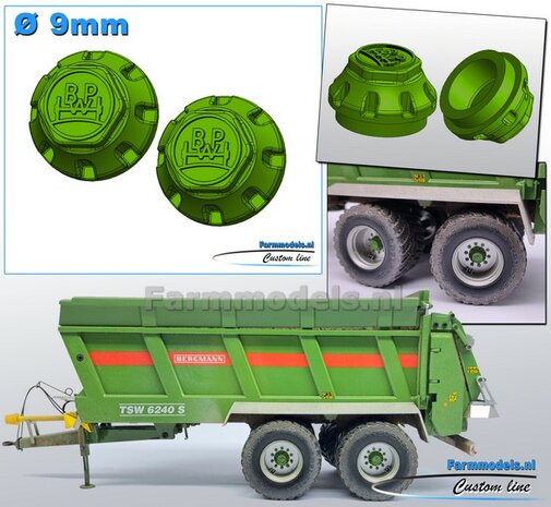 2x BPW NAAFDOP uitvoering MET CENTREER-RING ONDER &Oslash; 9 mm Materiaal Kunststof BERGMANN GROEN Gespoten geleverd 1:32