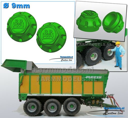 2x BPW NAAFDOP uitvoering MET CENTREER-RING ONDER &Oslash; 9 mm Materiaal Kunststof JOSKIN GROEN Gespoten geleverd 1:32