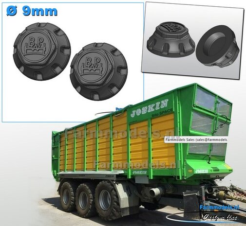 2x BPW NAAFDOP uitvoering MET CENTREER-RING ONDER &Oslash; 9 mm Materiaal Kunststof JOSKIN CHASSIS GRIJS Gespoten geleverd 1:32