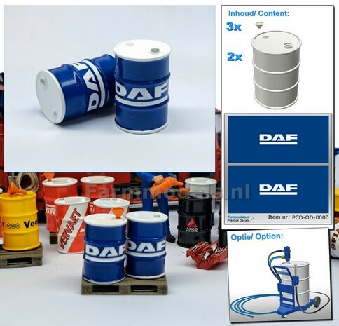 2x DAF OLIEDRUMS + 3x losse doppen OLIEDRUMS Resin WIT GLANS gespoten geleverd + DAF Pr&eacute;-Cut Decal stickersets 1:32