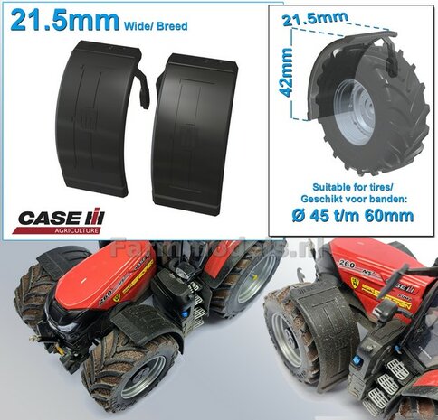 2x CASE IH spatborden 21.5 mm breed MET STEUNEN Resin in ZWART RUBBER COMPOUND Gespoten geleverd 1:32