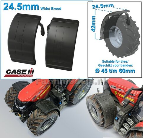 2x CASE IH spatborden 24.5 mm breed MET STEUNEN Resin in ZWART RUBBER COMPOUND Gespoten geleverd 1:32