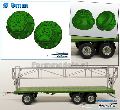 2x BPW NAAFDOP uitvoering MET CENTREER-RING ONDER &Oslash; 9 mm Materiaal Kunststof JOHN DEERE GROEN Gespoten geleverd 1:32