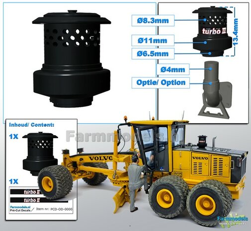 1x TURBO II Precleaner Luchtfilter GROOT afm.  &Oslash;8.3mm-&Oslash;11mm Resin: ZWART GLANS gespoten Inclusief TURBO II Pr&eacute;-Cut Decal sticker 1:32 
