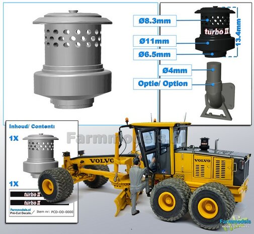 1x TURBO II Precleaner Luchtfilter GROOT afm.  &Oslash;8.3mm-&Oslash;11mm RESIN BLank geleverd Inclusief TURBO II Pr&eacute;-Cut Decal sticker 1:32 
