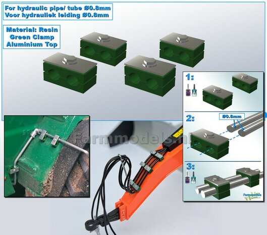 4x DUO BUISKLEM voor leidingen t/m &Oslash; 0.8 mm VAST BLOK uitvoering Resin, GROEN met ALUMINIUM TOP Gespoten geleverd 1:32                       