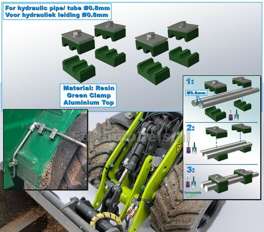 4x DUO BUISKLEM voor leidingen t/m &Oslash; 0.8 mm GEDEELD BLOK uitvoering Resin, GROEN Met ALUMINIUM TOP Gespoten geleverd 1:32                       