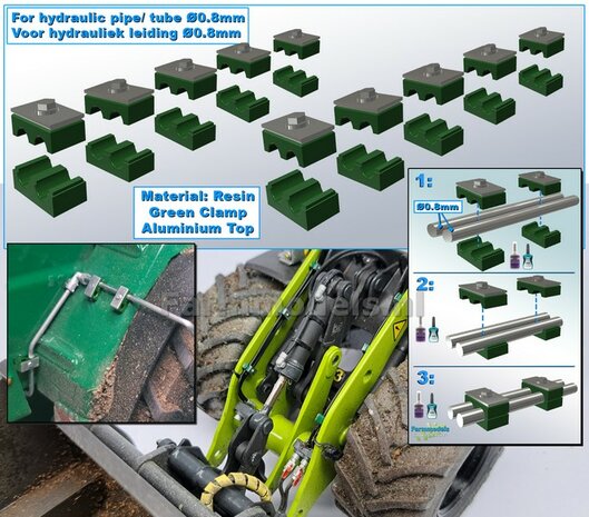 10x DUO BUISKLEM voor leidingen t/m &Oslash; 0.8 mm GEDEELD BLOK uitvoering Resin, GROEN BLOK met ALUMINIUM TOP Gespoten geleverd 1:32                       