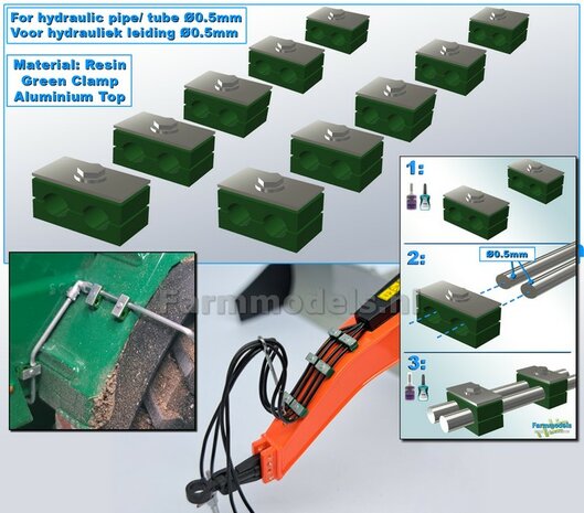 10x DUO BUISKLEM voor leidingen t/m &Oslash; 0.5 mm VAST BLOK uitvoering Resin, GROEN met ALUMINIUM TOP Gespoten geleverd 1:32                       