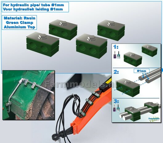 4x DUO BUISKLEM voor leidingen t/m &Oslash; 1 mm VAST BLOK uitvoering Resin, GROEN met ALUMINIUM TOP Gespoten geleverd 1:32                       