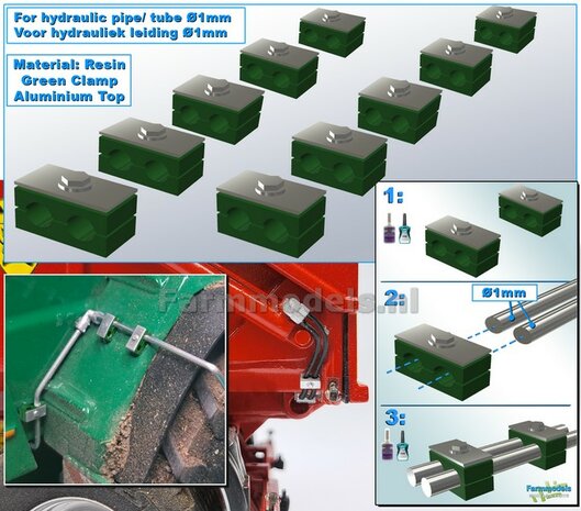 10x DUO BUISKLEM voor leidingen t/m &Oslash; 1 mm VAST BLOK uitvoering Resin, GROEN met ALUMINIUM TOP Gespoten geleverd 1:32                       