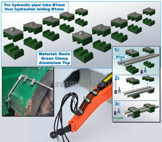 10x DUO BUISKLEM voor leidingen t/m &Oslash; 1mm GEDEELD BLOK uitvoering Resin, GROEN BLOK met ALUMINIUM TOP Gespoten geleverd 1:32                       