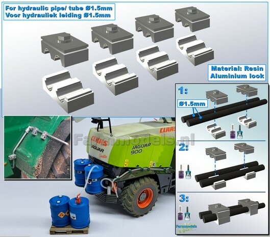 4x DUO BUISKLEM voor leidingen t/m &Oslash; 1.5 mm GEDEELD BLOK uitvoering Resin, ALUMINIUM Gespoten geleverd 1:32                       