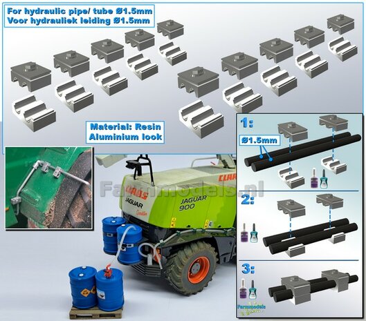 10x DUO BUISKLEM voor leidingen t/m &Oslash; 1.5 mm GEDEELD BLOK uitvoering Resin, ALUMINIUM Gespoten geleverd 1:32                       