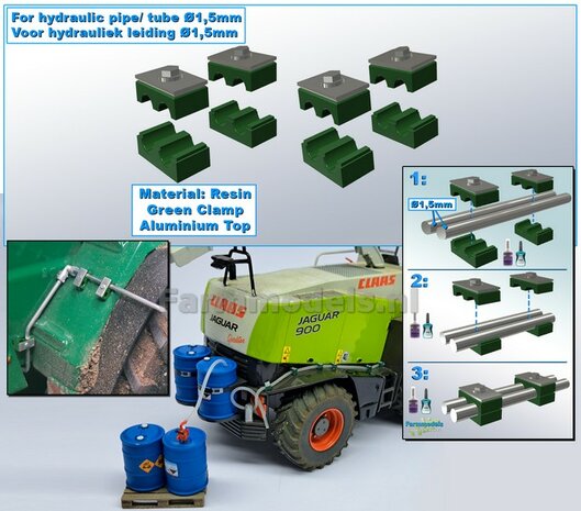 4x DUO BUISKLEM voor leidingen t/m &Oslash; 1.5 mm GEDEELD BLOK uitvoering Resin, GROEN Met ALUMINIUM TOP Gespoten geleverd 1:32                       