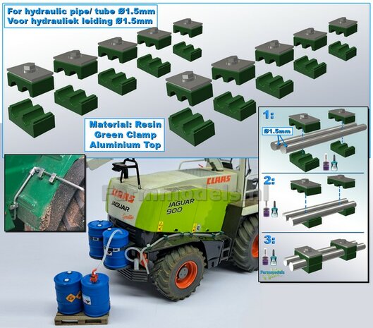 10x DUO BUISKLEM voor leidingen t/m &Oslash; 1.5mm GEDEELD BLOK uitvoering Resin, GROEN BLOK met ALUMINIUM TOP Gespoten geleverd 1:32                       