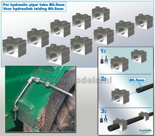 10x MONO BUISKLEM voor leidingen t/m &Oslash; 0.5 mm VAST BLOK uitvoering Resin, ALUMINIUM Gespoten geleverd 1:32                       