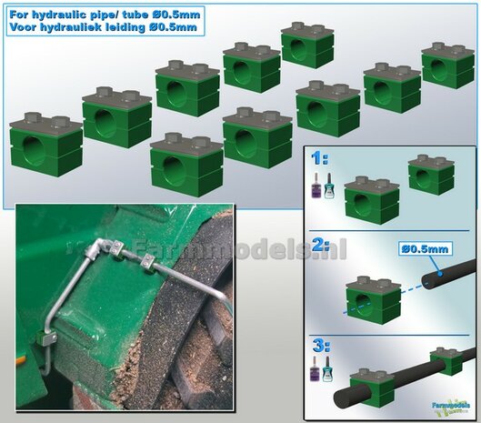 10x MONO BUISKLEM voor leidingen t/m &Oslash; 0.5 mm VAST BLOK uitvoering Resin, GROEN met ALUMINIUM TOP Gespoten geleverd 1:32                       