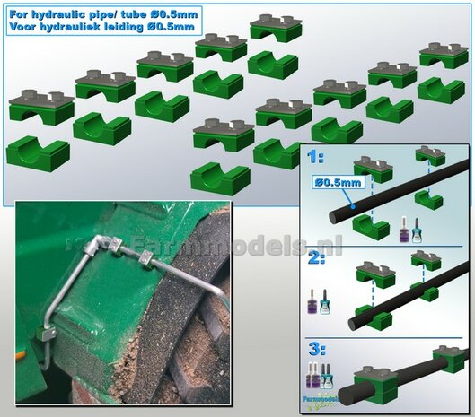 10x MONO BUISKLEM voor leidingen t/m &Oslash; 0.5 mm GEDEELD BLOK uitvoering Resin, GROEN BLOK met ALUMINIUM TOP Gespoten geleverd 1:32                       