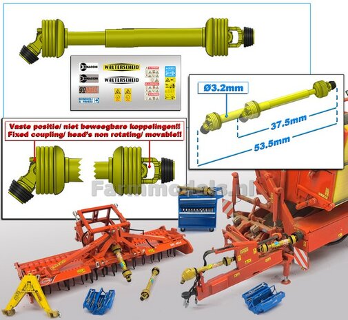 UITSCHUIFBARE Aftakas 1x KOP HANGEND L in: 37.5mm L. uit: 53.5mm Buis &Oslash;3.2mm  (WALTERSCHEID) GEEL met 2x ZWART/GELE aansluitgaffels incl. Pr&eacute;-Cut Stickerset  1:32