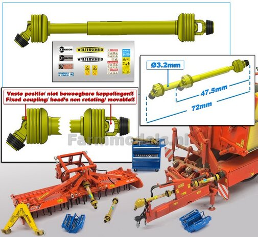 UITSCHUIFBARE Aftakas 1x KOP HANGEND L in: 47.5mm L. uit: 72mm Buis &Oslash;3.2mm  (WALTERSCHEID) GEEL met 2x ZWART/GELE aansluitgaffels incl. Pr&eacute;-Cut Stickerset  1:32