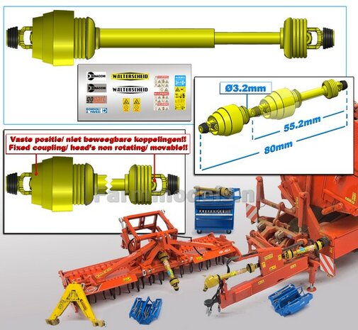 UITSCHUIFBARE GROOTHOEK Aftakas KOPPEN RECHT L in: 55.2mm L. uit: 80mm Buis &Oslash;3.2mm  GEEL met 2x ZWART/GELE aansluitgaffels incl. Pr&eacute;-Cut Stickerset  1:32