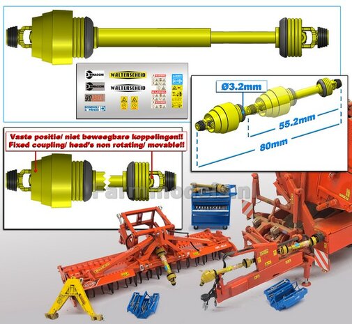 UITSCHUIFBARE GROOTHOEK Aftakas DELUXE KOPPEN RECHT L in: 55.2mm L. uit: 80mm Buis &Oslash;3.2mm  GEEL met 2x ZWART/GELE aansluitgaffels incl. Pr&eacute;-Cut Stickerset  1:32